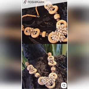 Vintage Statment Tan and Brown Shell Beaded Collar Necklace 20 In Long